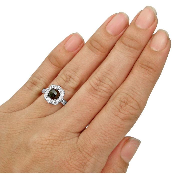 1ct Cushion Cut Black Diamond Engagement Ring 14K Solid White Gold