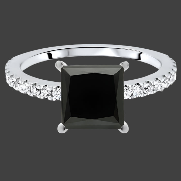 2 Carat Black Princess Cut Diamond Hidden Halo Engagement Ring 14K White Solid Gold