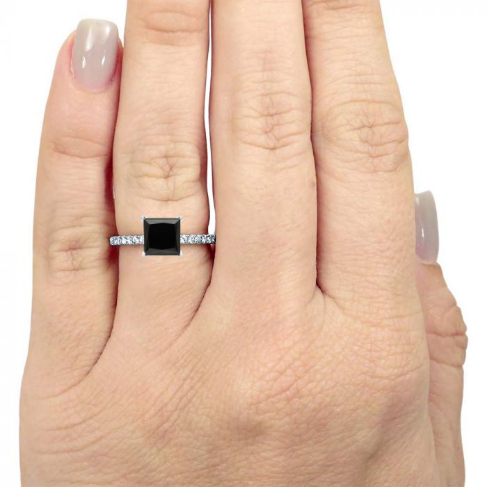 Black Princess Cut Diamond Hidden Halo Engagement Ring 14K White Solid Gold 5