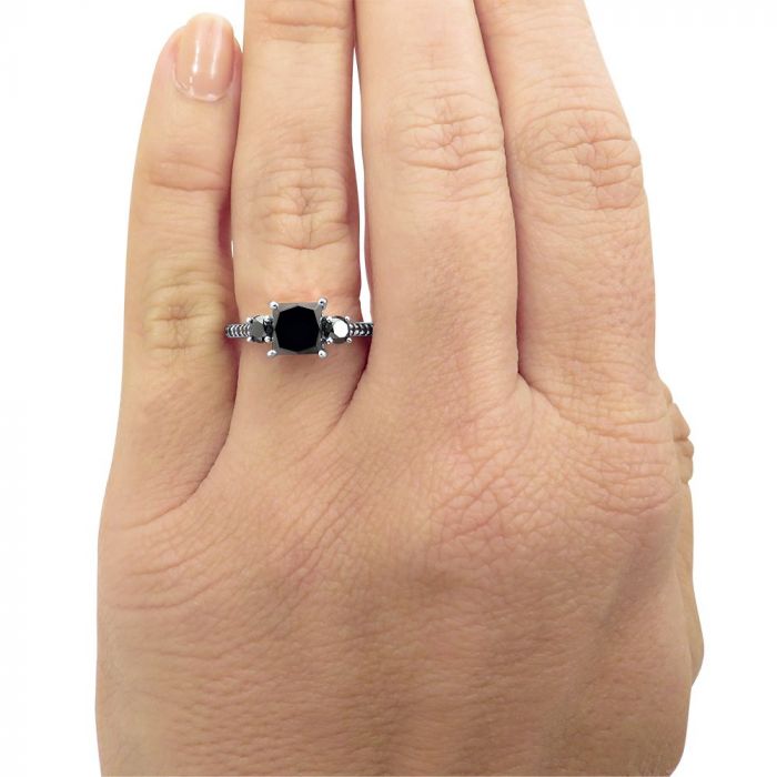 2.15 Carat Black Princess Cut 3 Stone Diamond Engagement Ring 14K White Solid Gold