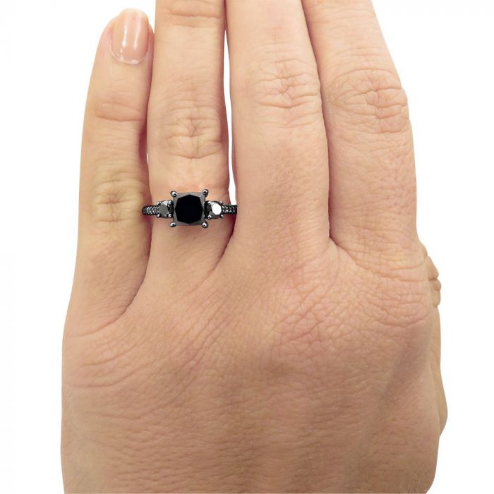2.15ct Black Princess Cut 3 Stone Diamond Engagement Ring 14K Black Gold