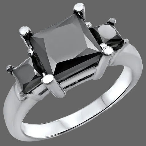 2.29 Carat Black Princess Cut 3 Stone Diamond 14k White Solid Gold Engagement Ring