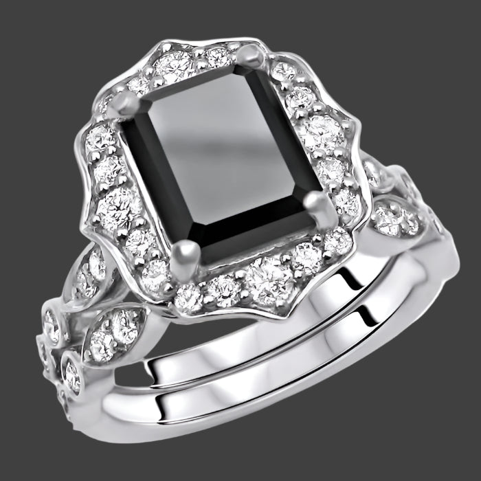 2.30 Carat Emerald Cut Black Diamond Engagement Ring Bridal Set 14k White Gold (8x6mm)