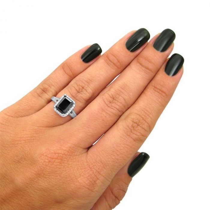 2.30ct Emerald Cut Black Diamond Split Shank Engagement Ring 14K White Gold