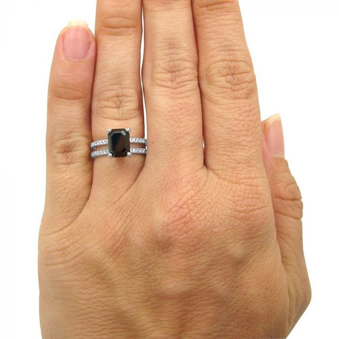 2.50ct Emerald cut Black Diamond Engagement Ring Split Shank 14k White Gold