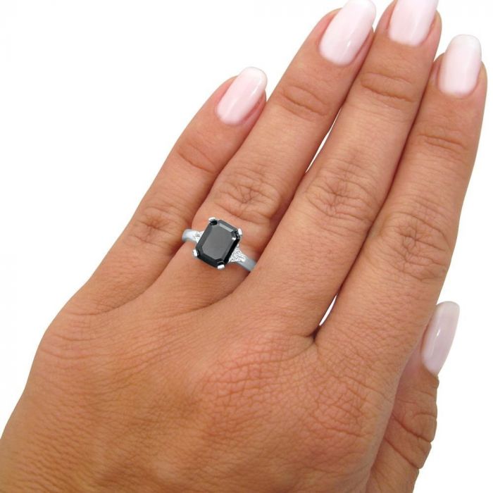 2.50ct Black Emerald Cut Diamond 3 Stone Trillion Engagement Ring 14k White Gold