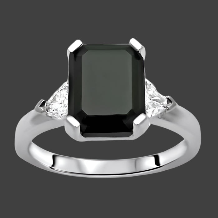 2.50ct Black Emerald Cut Diamond 3 Stone Trillion Engagement Ring 14k White Gold