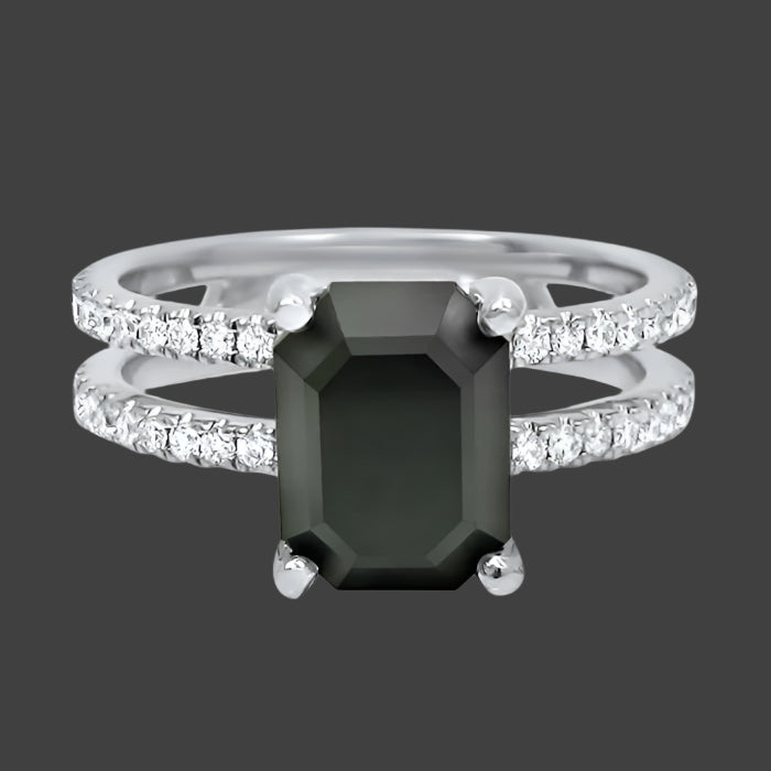 2.50ct Emerald cut Black Diamond Engagement Ring Split Shank 14k White Gold