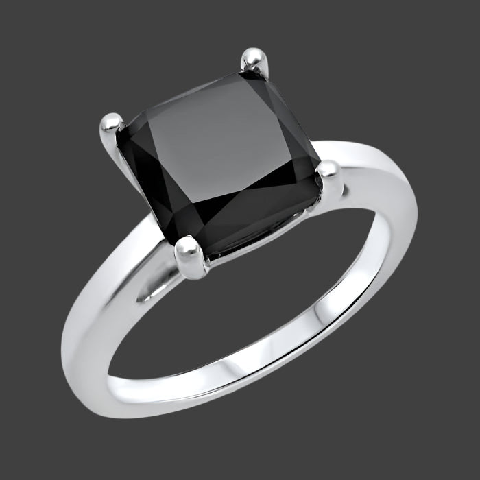 2.50ct Black Cushion Cut Diamond Solitaire Engagement Ring 14K White Gold