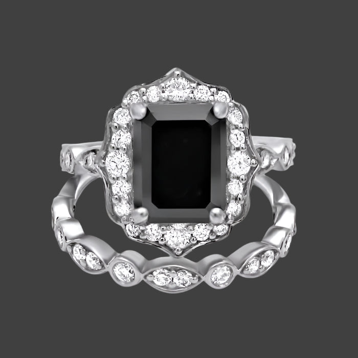 2.50ct Emerald Cut Black Diamond Engagement Ring Bridal Set 14K White Gold (8x6mm)