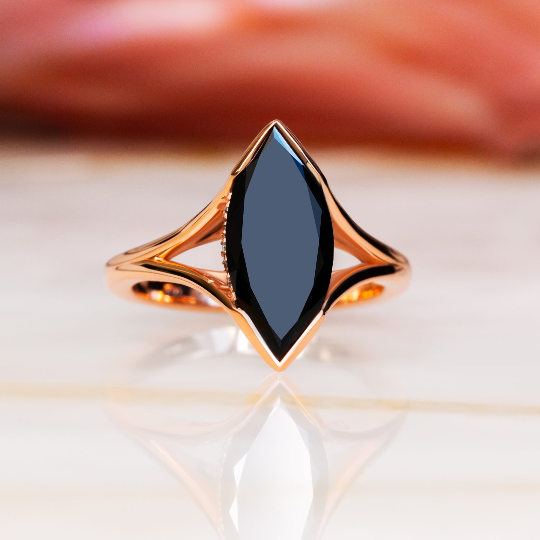 Marquise Black Diamond Engagement Ring Split Shank 14K Solid Rose Gold