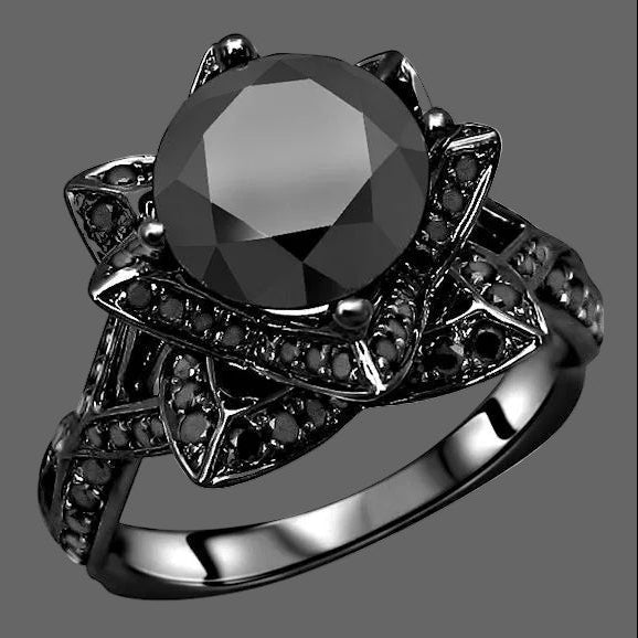 2.80 Carat Lotus Flower Engagement Ring Black Round Diamond 14k Black Solid Gold