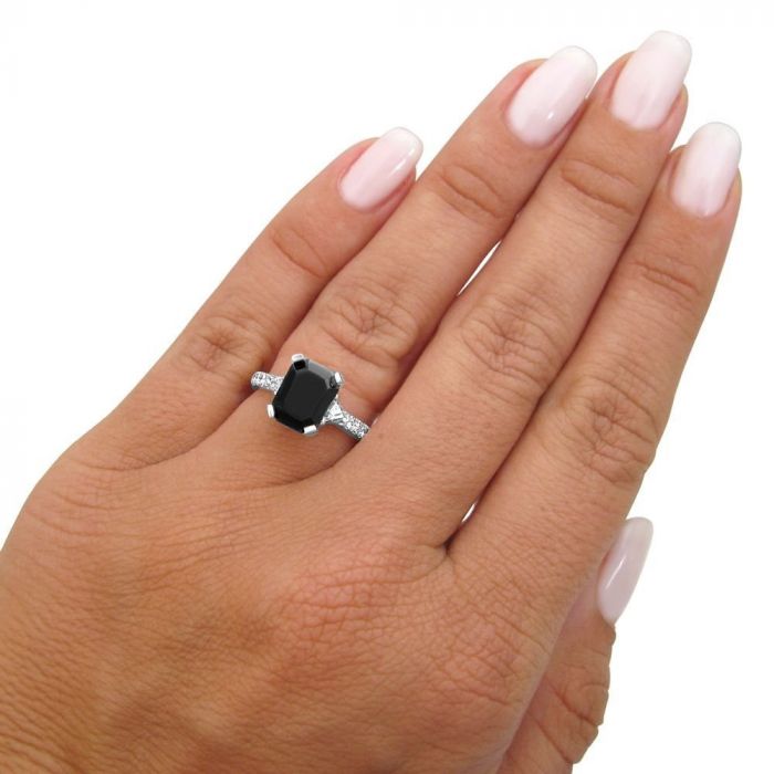 2.80ct Black 3 Stone Emerald Cut 3 Stone Trillion Diamond Engagement Ring 14k White Gold