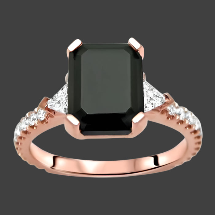 2.80ct Black 3 Stone Emerald Cut 3 Stone Trillion Diamond Engagement Ring 14k White Gold