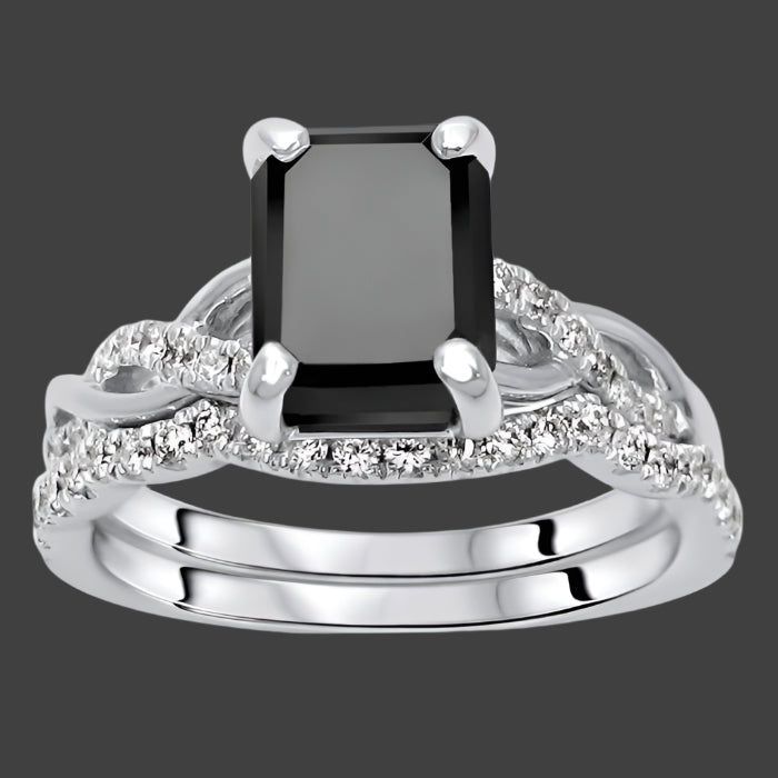 2.80ct Black Emerald Cut Diamond Engagement Ring Bridal Set 14k White Gold