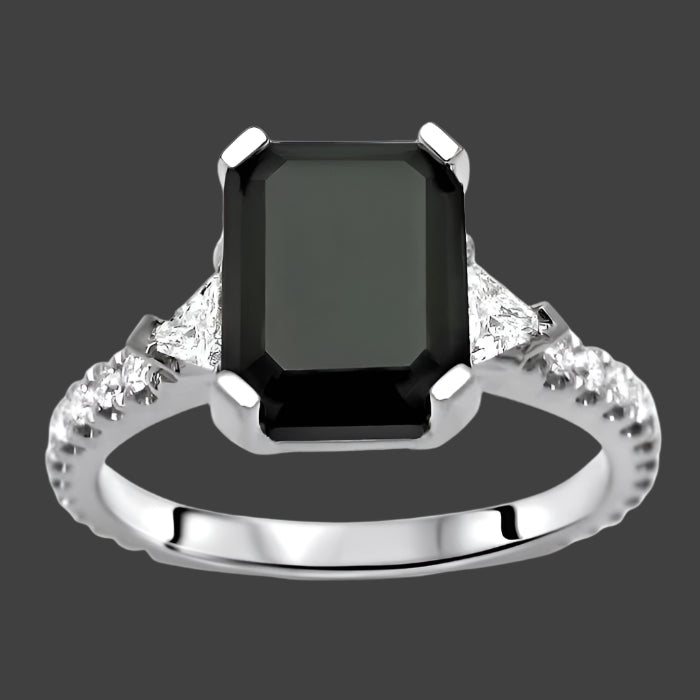 2.80ct Black 3 Stone Emerald Cut 3 Stone Trillion Diamond Engagement Ring 14k White Gold