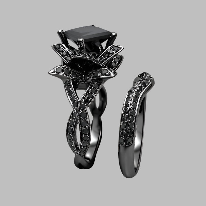 2.90 Carat Black Princess Cut Diamond Lotus Flower Engagement Ring Bridal Set 14K Black Gold