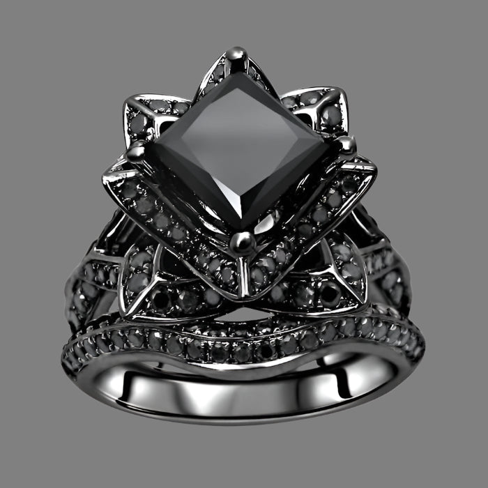 2.90 Carat Black Princess Cut Diamond Lotus Flower Engagement Ring Bridal Set 14K Black Gold