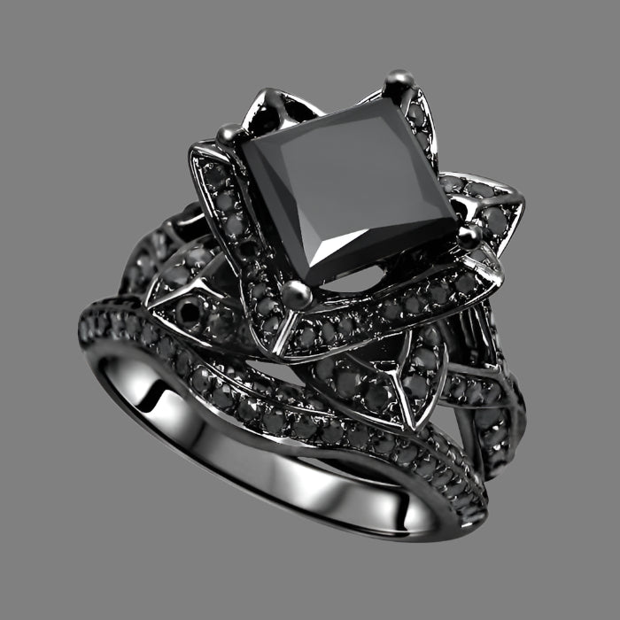 2.90 Carat Black Princess Cut Diamond Lotus Flower Engagement Ring Bridal Set 14K Black Gold