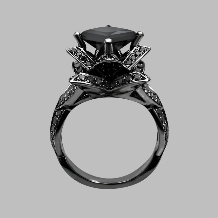 2.90 Carat Black Princess Cut Diamond Lotus Flower Engagement Ring Bridal Set 14K Black Gold