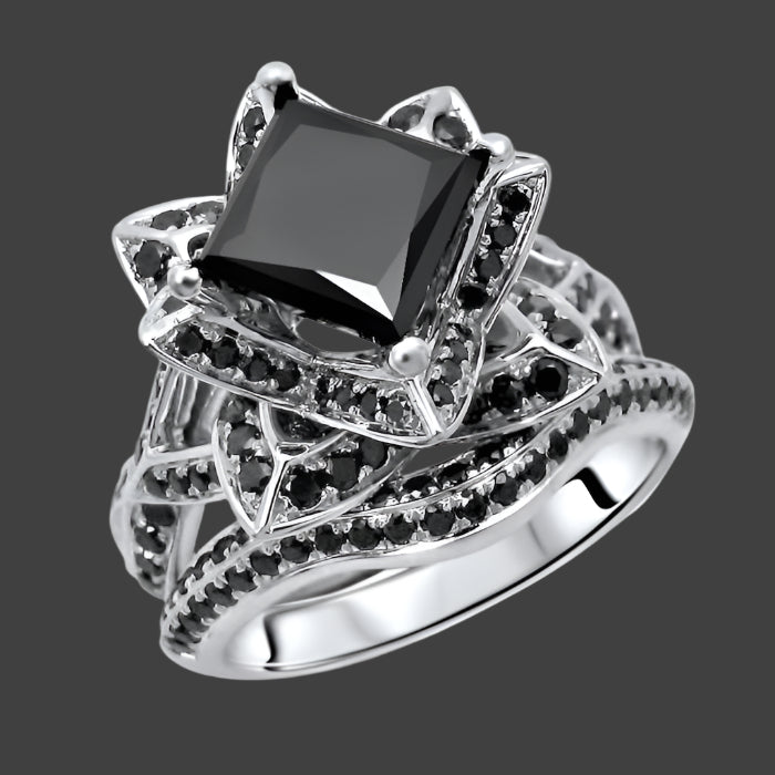 Black Princess Cut Diamond Lotus Flower Engagement Ring Bridal Set 14K White Gold