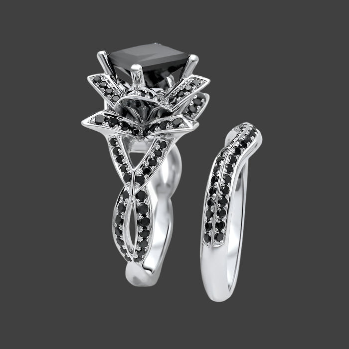 2.90 Carat Black Princess Cut Diamond Lotus Flower Engagement Ring Bridal Set 14K White Gold
