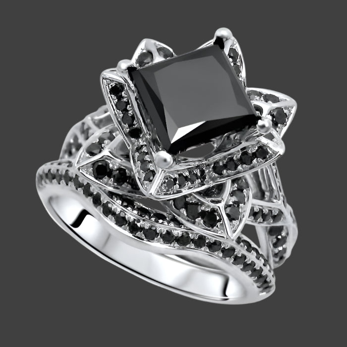 2.90 Carat Black Princess Cut Diamond Lotus Flower Engagement Ring Bridal Set 14K White Gold