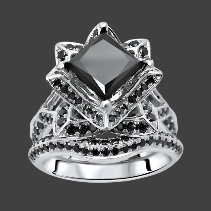 2.90 Carat Black Princess Cut Diamond Lotus Flower Engagement Ring Bridal Set 14K White Gold