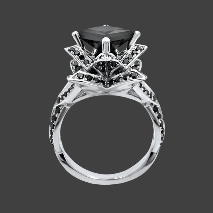 2.90 Carat Black Princess Cut Diamond Lotus Flower Engagement Ring Bridal Set 14K White Gold