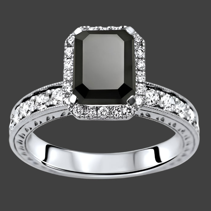 2.90ct Black Emerald Cut Diamond Halo Engagement Ring 14k White Gold