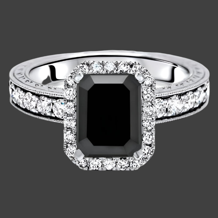 2.90ct Black Emerald Cut Diamond Halo Engagement Ring 14k White Gold