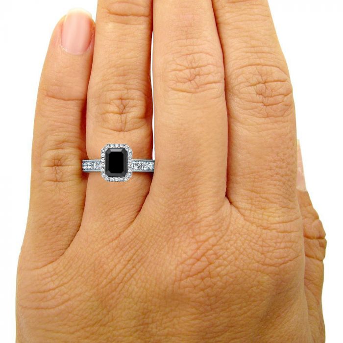 2.90ct Black Emerald Cut Diamond Halo Engagement Ring 14k White Gold