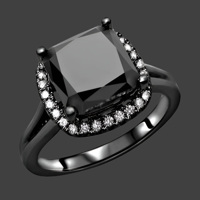 2.90ct Cushion Cut Black Diamond Split Shank Engagement Ring 14K Solid Black Gold
