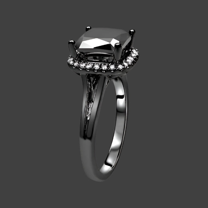 2.90ct Cushion Cut Black Diamond Split Shank Engagement Ring 14K Solid Black Gold