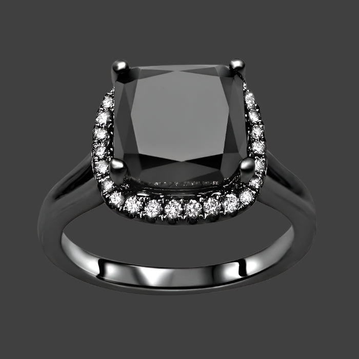 2.90ct_Cushion_Cut_Black_Diamond_Split_Shank_Engagement_Ring_14K_Solid_Black_Gold