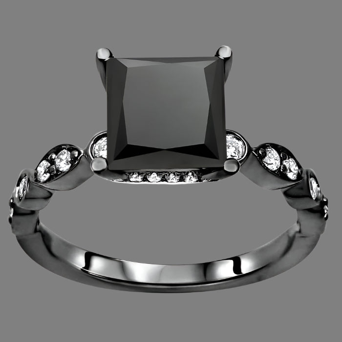 2 Carat Black Princess Cut Diamond Hidden Halo Engagement Ring Vintage 14K Black Gold