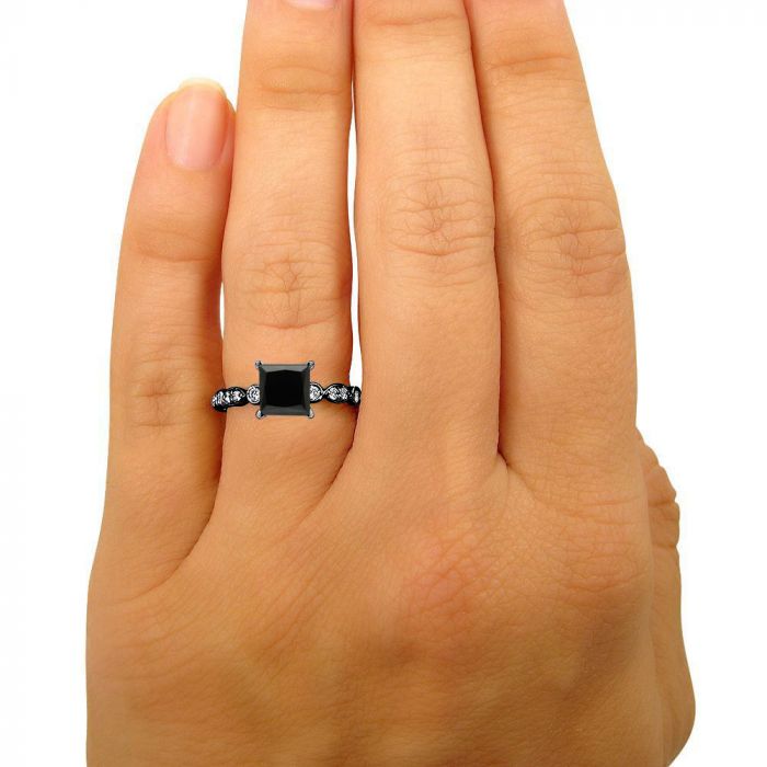 2 Carat Black Princess Cut Diamond Hidden Halo Engagement Ring Vintage 14K Black Gold