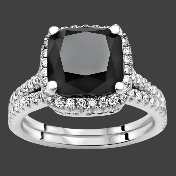 3.20 Carat Cushion Cut Black Diamond Halo Engagement Ring Bridal Set 14K Solid White Gold