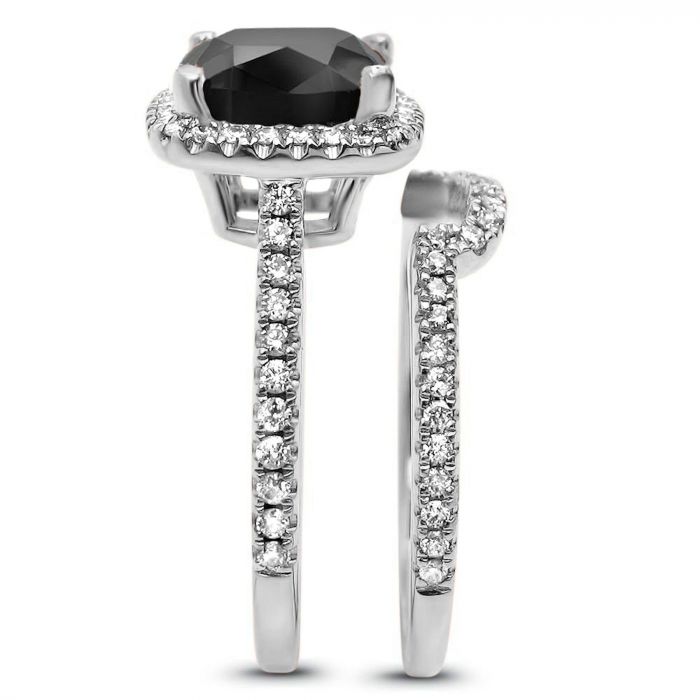 3.20 Carat Cushion Cut Black Diamond Halo Engagement Ring Bridal Set 14K Solid White Gold