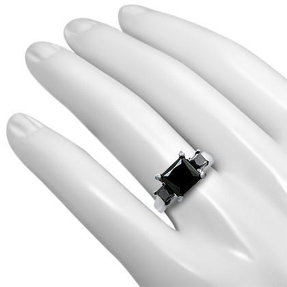 2.29 Carat Black Princess Cut 3 Stone Diamond 14k White Solid Gold Engagement Ring
