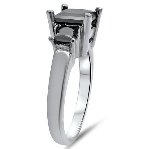 2.29 Carat Black Princess Cut 3 Stone Diamond 14k White Solid Gold Engagement Ring