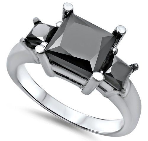 2.29 Carat Black Princess Cut 3 Stone Diamond 14k White Solid Gold Engagement Ring