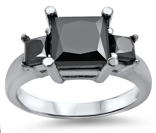 2.29 Carat Black Princess Cut 3 Stone Diamond 14k White Solid Gold Engagement Ring