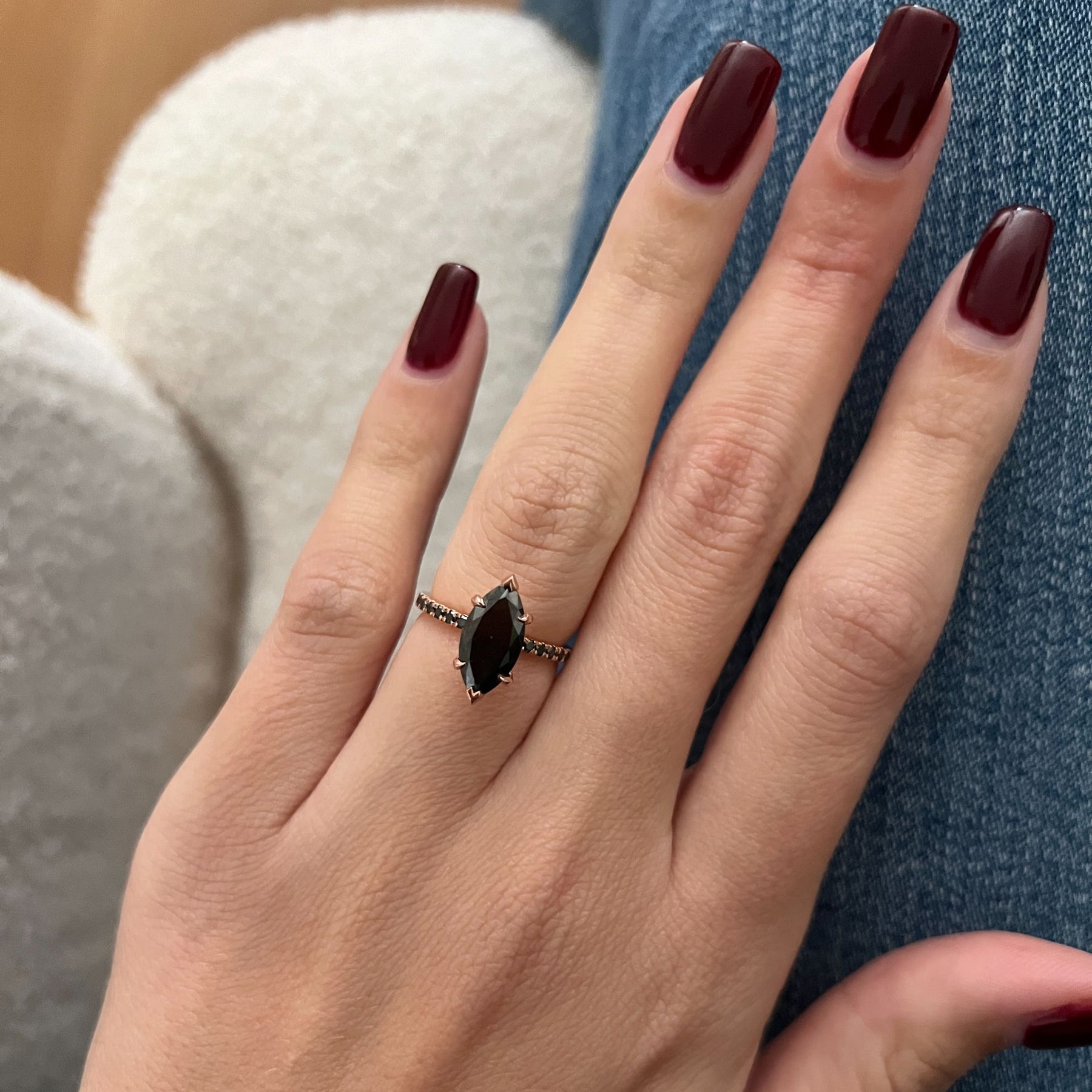 3.12 Carat Marquise Black Diamond Engagement Ring Pave 14K Rose Gold