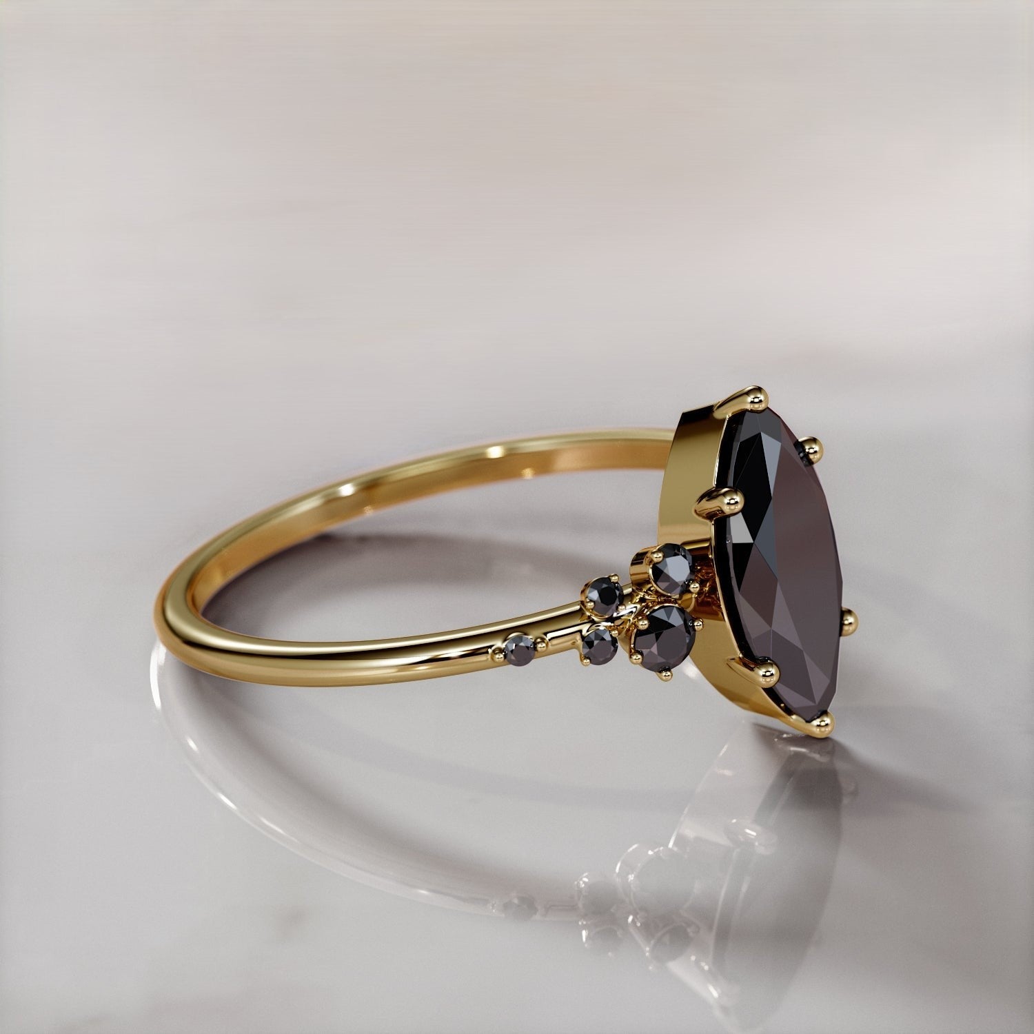 2.60 Carat Marquise Black Diamond Engagement Ring Pave 14K Solid Yellow Gold