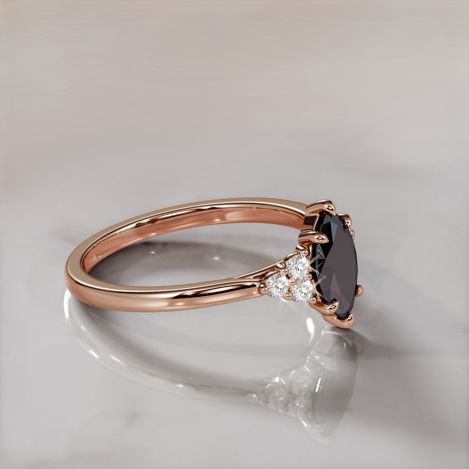 2.50 Carat Marquise Black Diamond Engagement Ring Trio Pave 14K Solid Gold