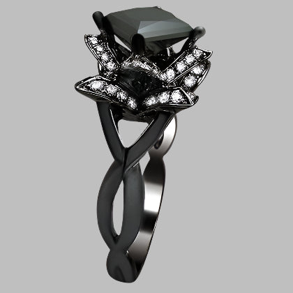 Black Princess Cut Lotus Flower Diamond Engagement Ring 14k BLACK Gold