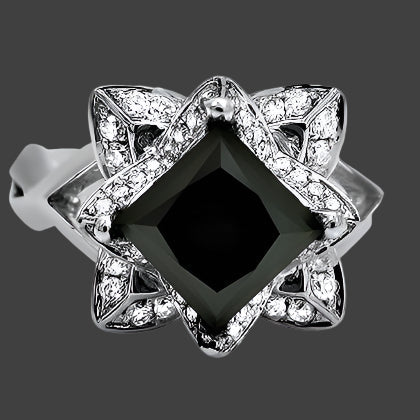 2 Carat Black Princess Cut Lotus Flower Diamond Engagement Ring 14K White Solid Gold 7