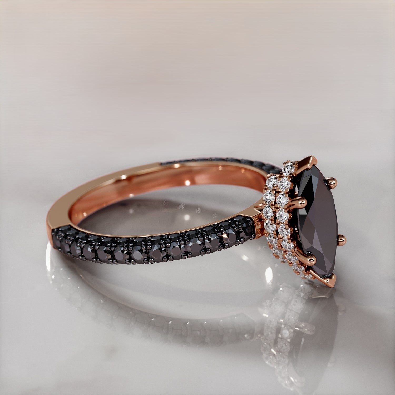 2.70 Carat Marquise Black Diamond Engagement Ring Micro Pave 14K Solid Yellow Gold