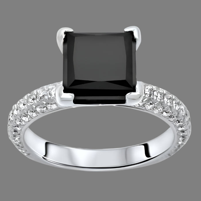 2.70 Carat Princess Cut Black Diamond Pave Engagement Ring 14K White Solid Gold